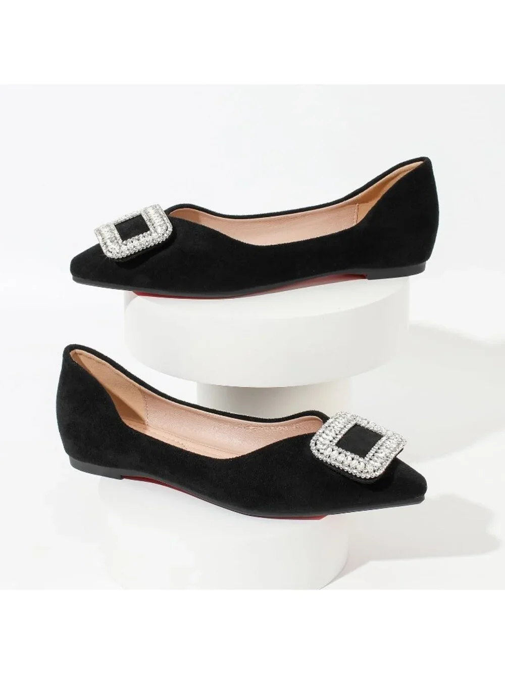 Women's Black Suede Pointed Toe Rhinestone Ballet Flat Slip On Party Dress Shoes